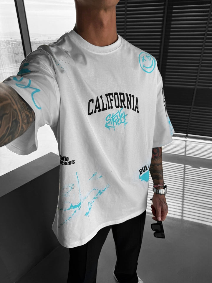 Oversize California Graffiti T-Shirt - Ecru and Turquoise