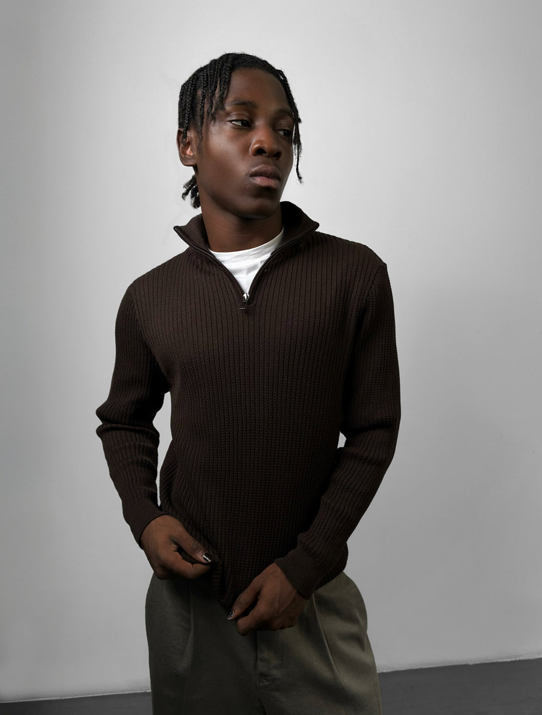 Slim Fit Half Zip Textured Sweater - Dark Brown