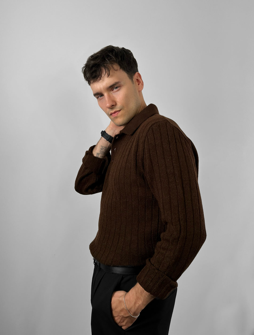 Loose Fit Polo Knit Pullover - Brown