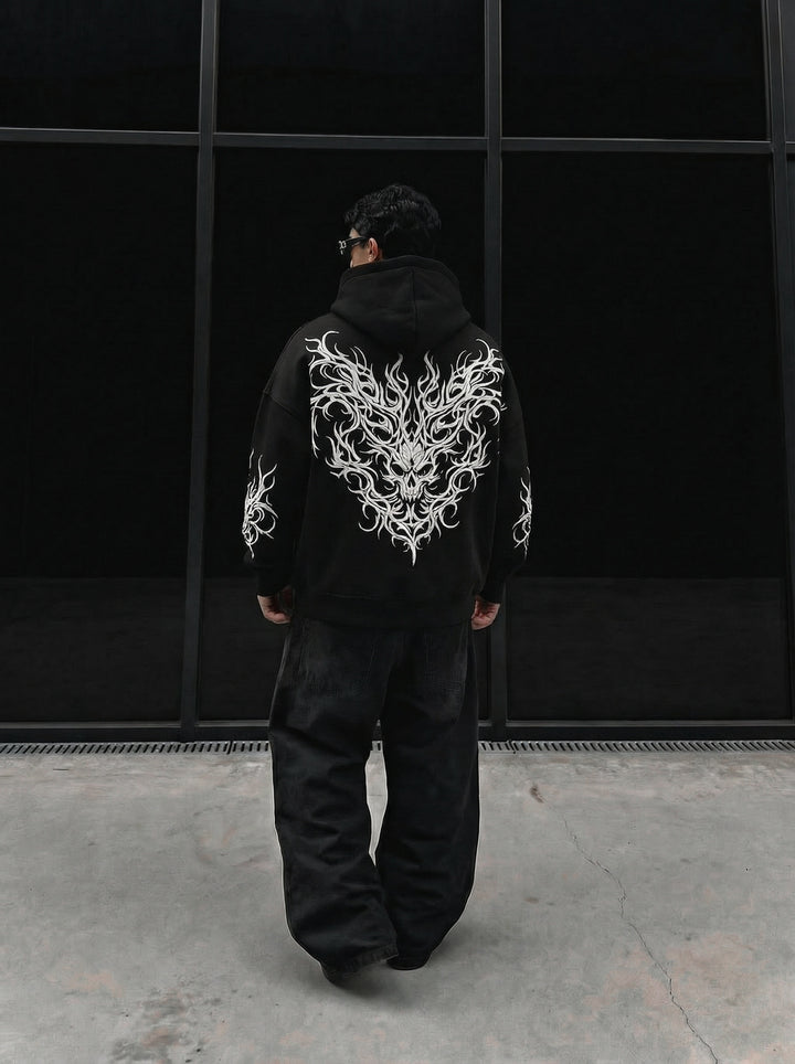 Oversize Tribal Skull Hoodie - Black