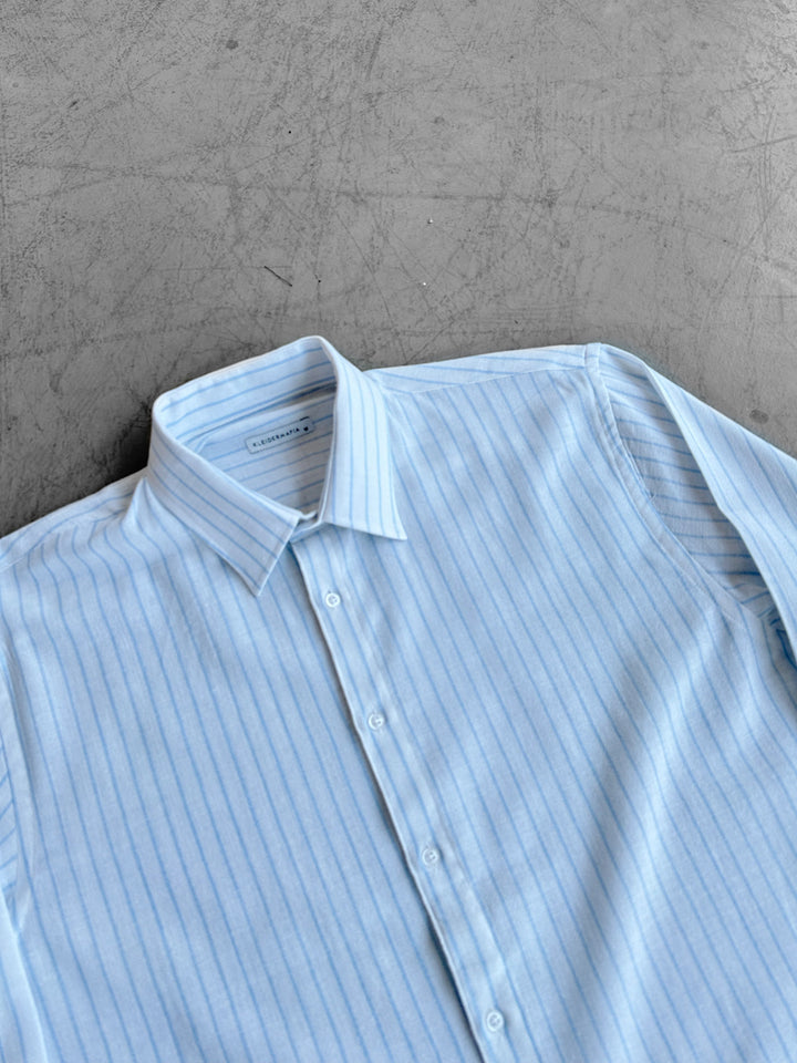 Oversize Cotton Thin Striped Shirt - Ecru and Blue