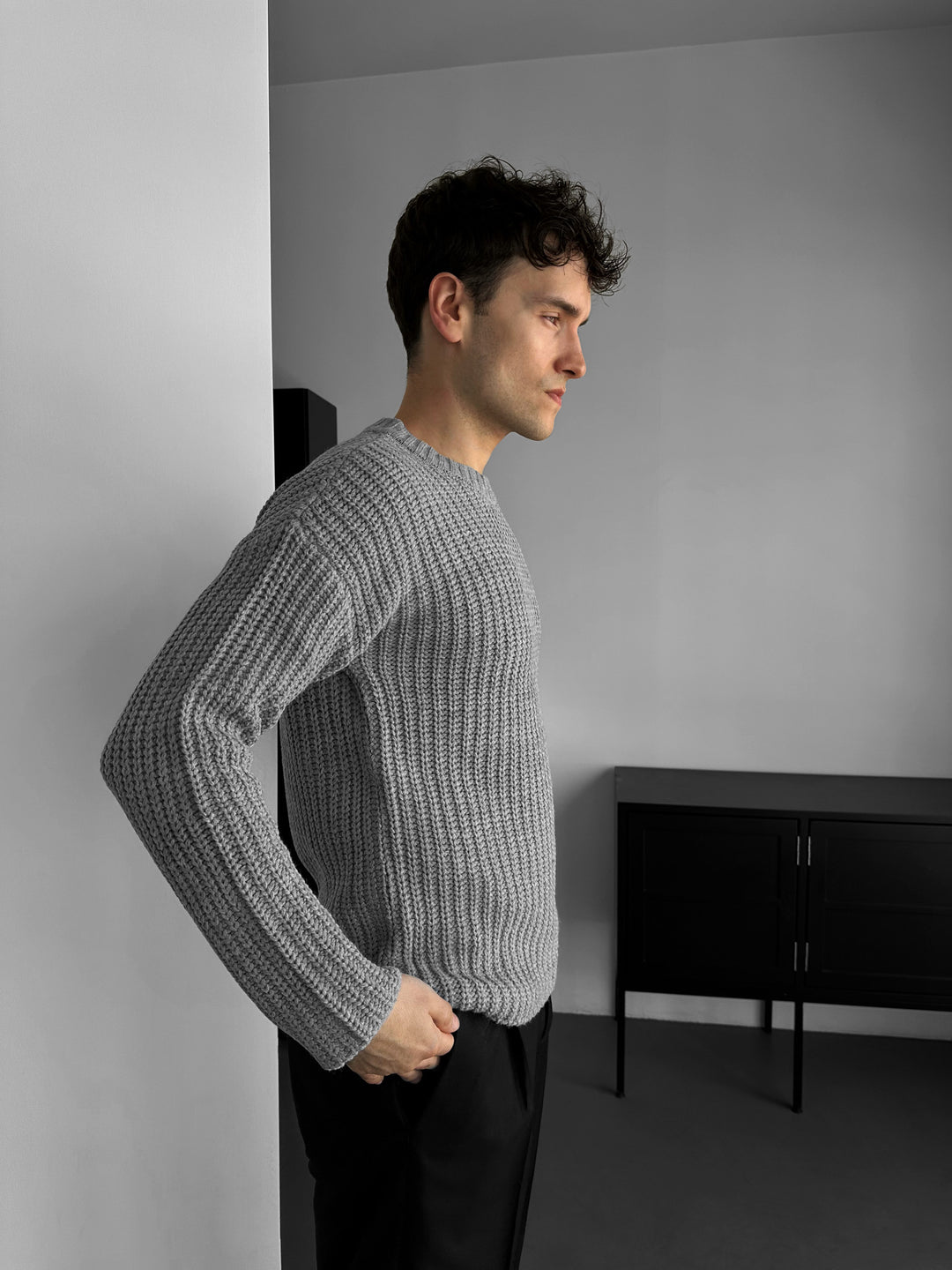 Slim Fit Braid Knit Sweater - Grey