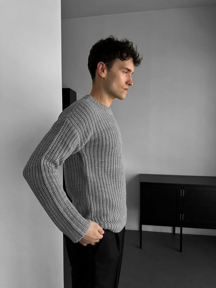 Slim Fit Braid Knit Sweater - Grey