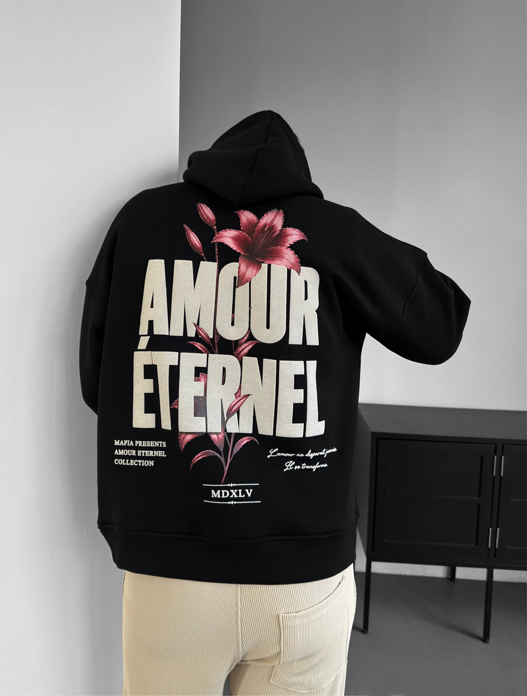 Oversize Amour Éternel Hoodie - Black