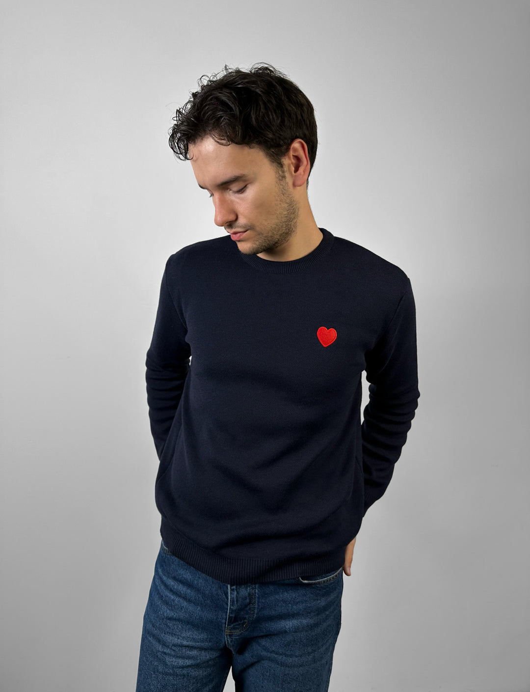Regular Fit Heart Detail Thin Sweater - Navy Blue