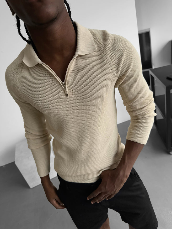 Slim Fit Knit Zipper Polo Sweater - Beige