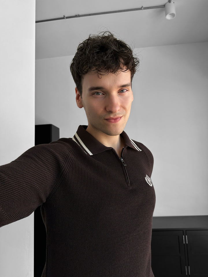 Slim Fit Half-Zip Embroidered Polo Sweater - Dark Brown