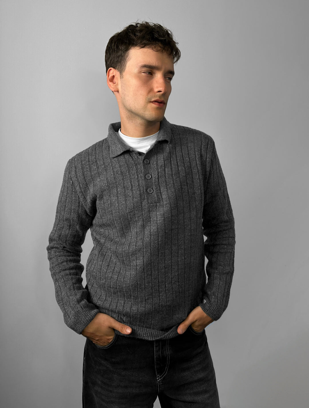 Loose Fit Polo Knit Pullover - Anthracite