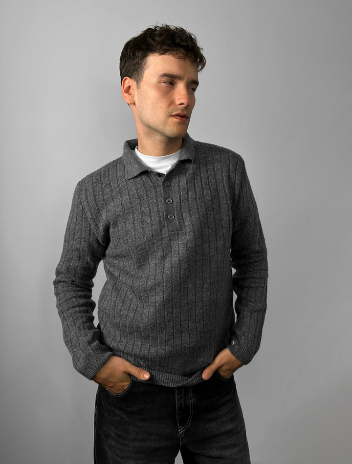Loose Fit Polo Knit Pullover - Anthracite