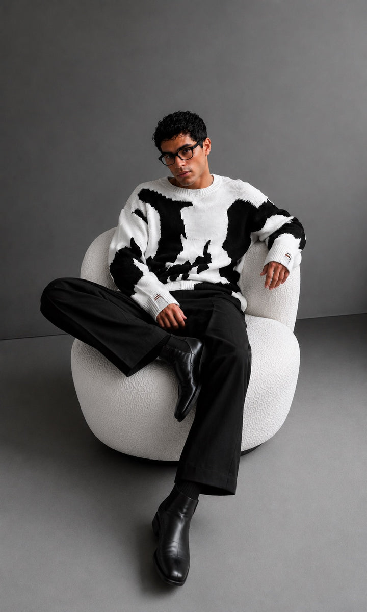 Oversize Cow Knit Sweater - White