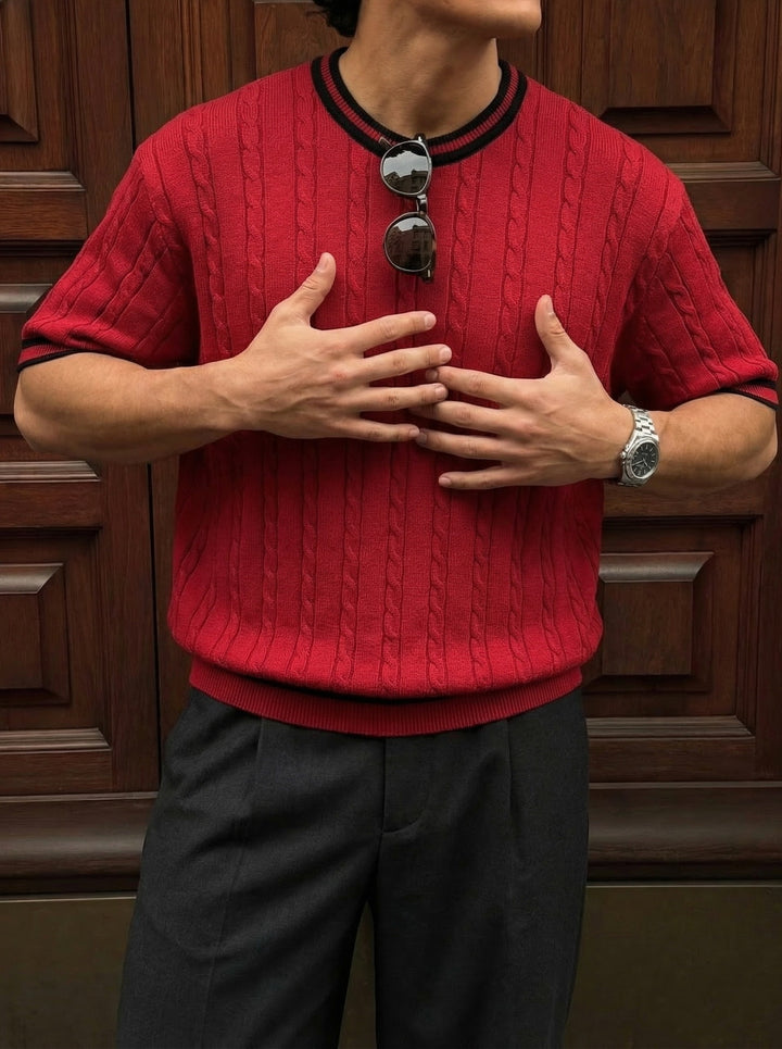 Regular Fit Braid Knit T-shirt - Bordeaux