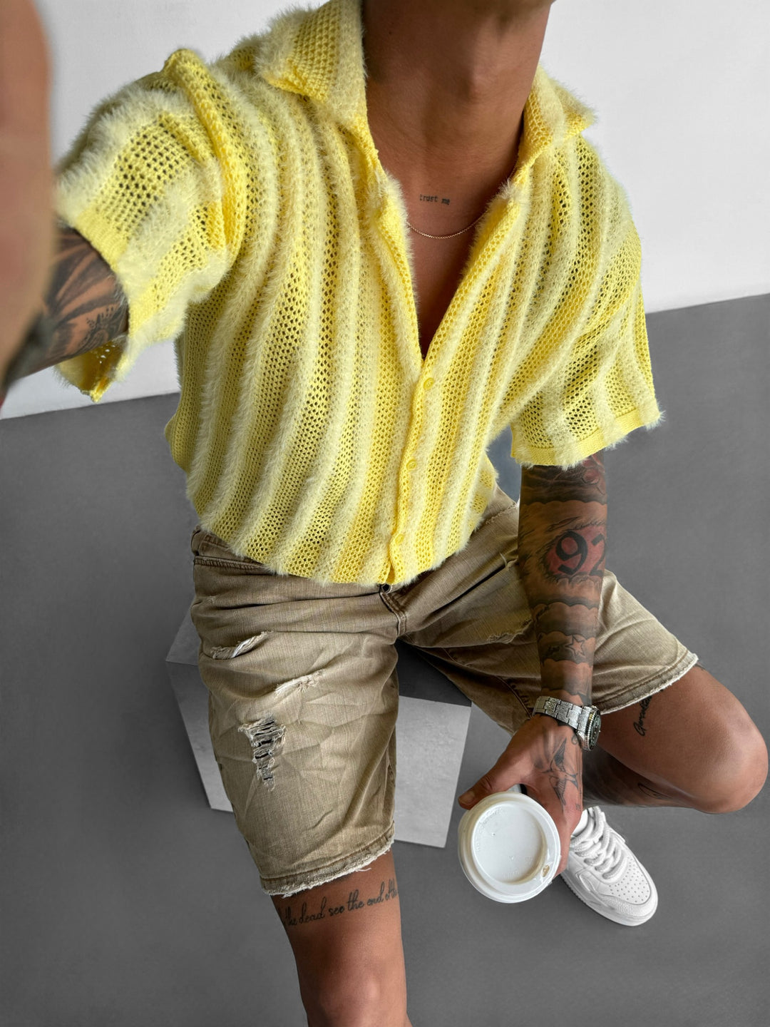 Oversize Hairy Lines Knit Shirt - Yellow
