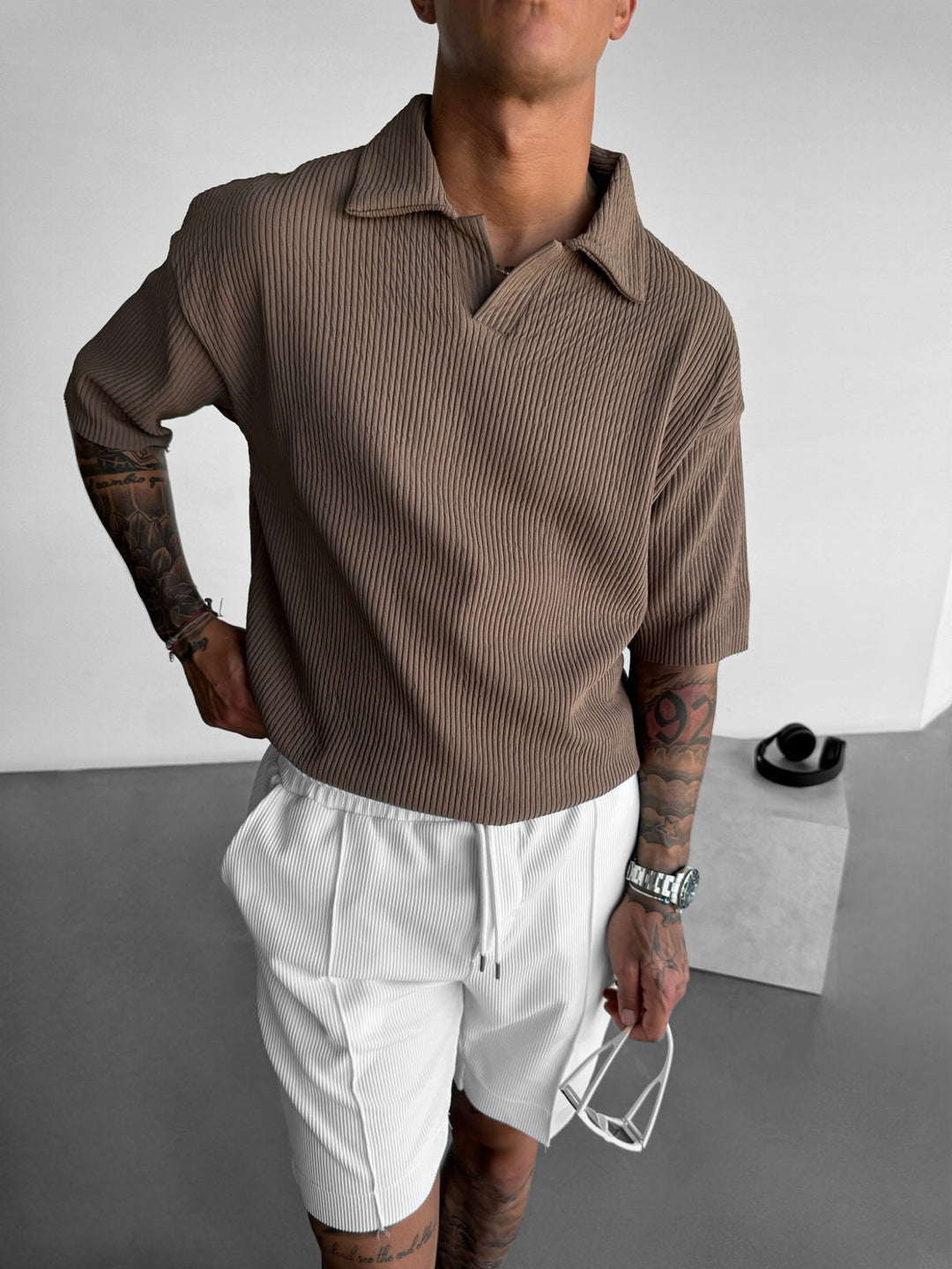 Oversize Ribbed Polo T-Shirt - Brown