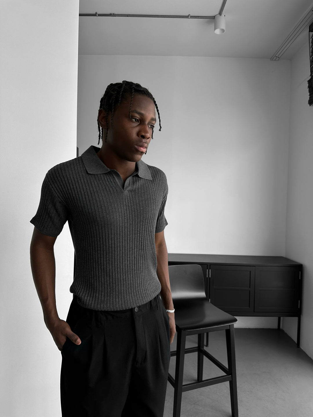 Slim Fit Knit Polo T-Shirt - Anthracite