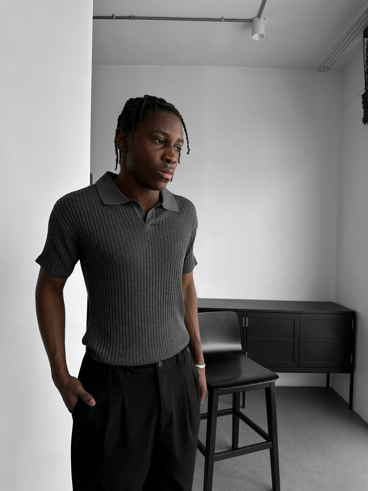 Slim Fit Knit Polo T-Shirt - Anthracite