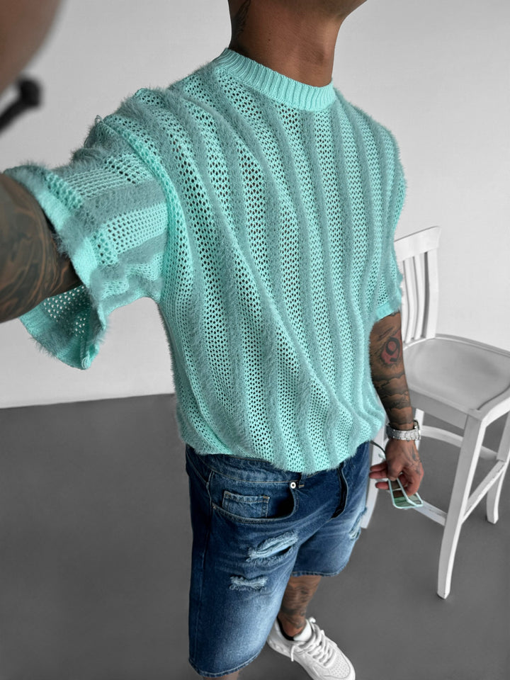 Oversize Hairy Lines Knit T-shirt - Babyblue
