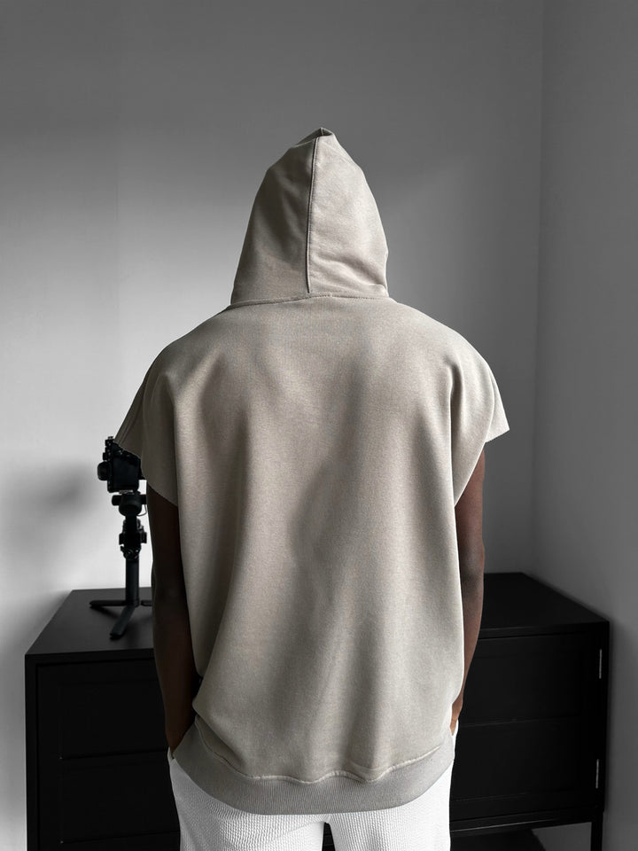Loose Fit Sleeveless Hoodie - Warm Grey Pale