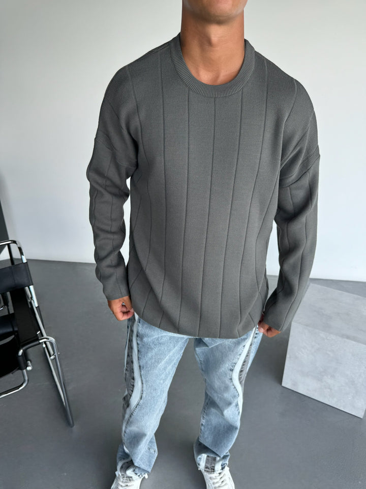 Oversize Lines Knit Sweatshirt - Anthracite