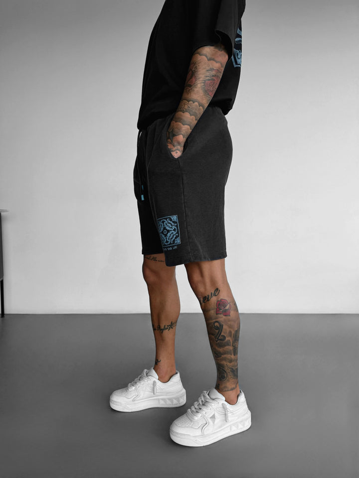 Loose Fit Printed Washed Shorts - Black
