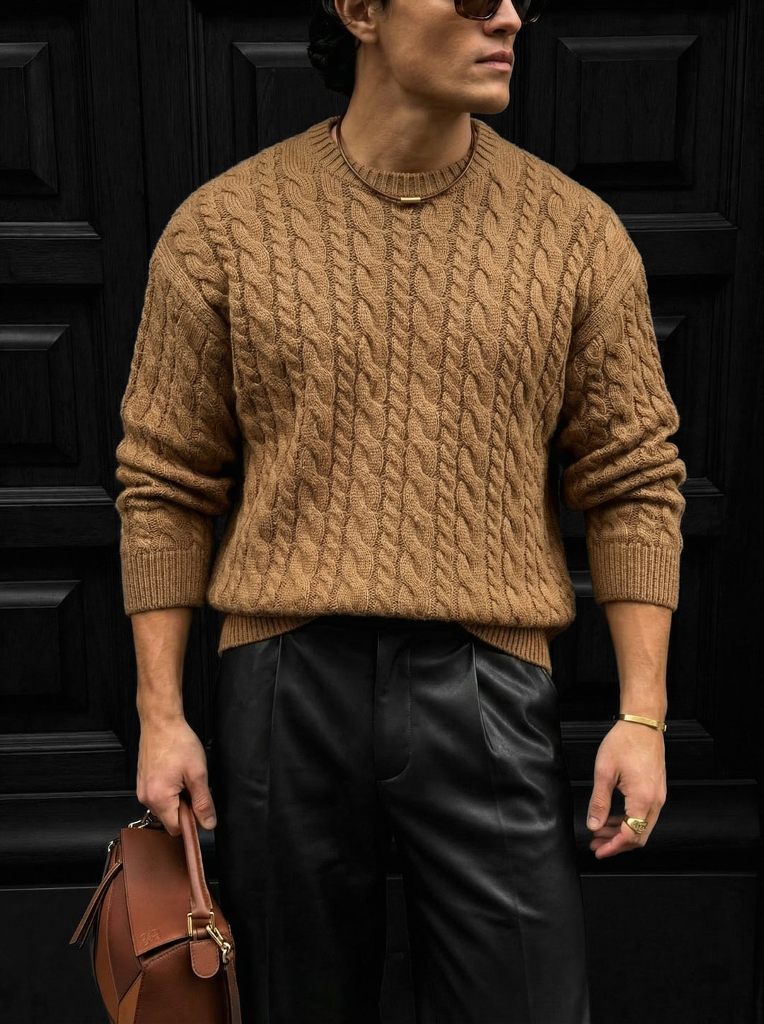 Oversize Knit Braid Sweater - Brown