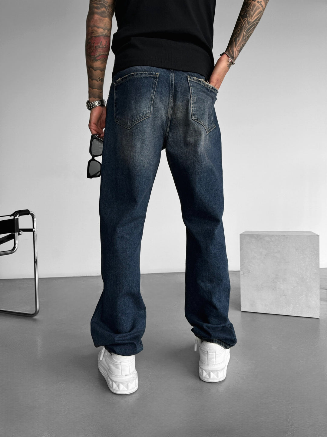 Baggy Washed Jeans - Dark Blue