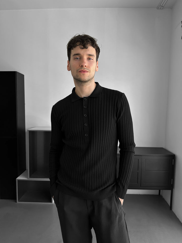 Slim Fit Polo Knit Sweater - Black