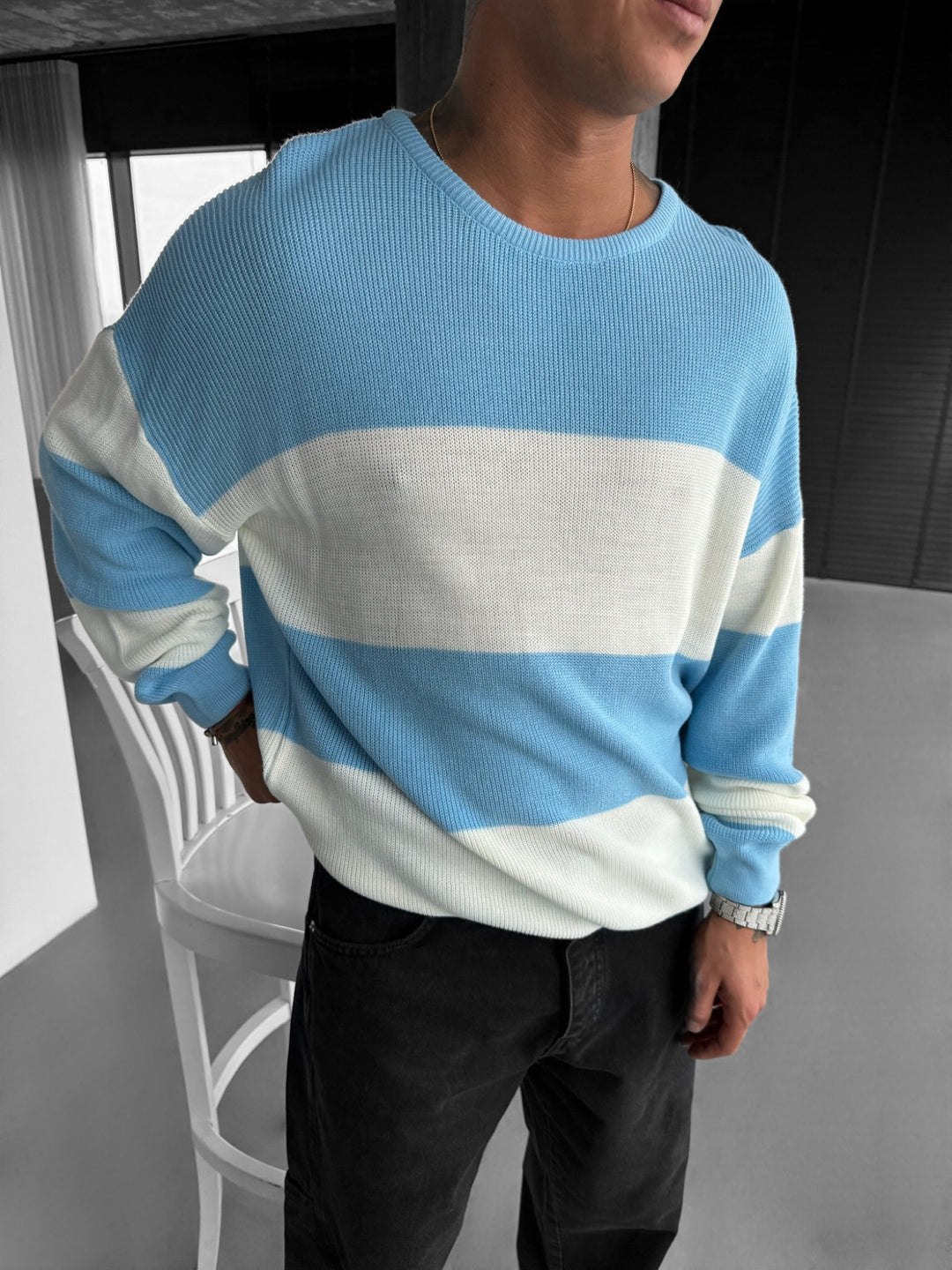 Loose Fit Strip Knit Sweater - Baby Blue