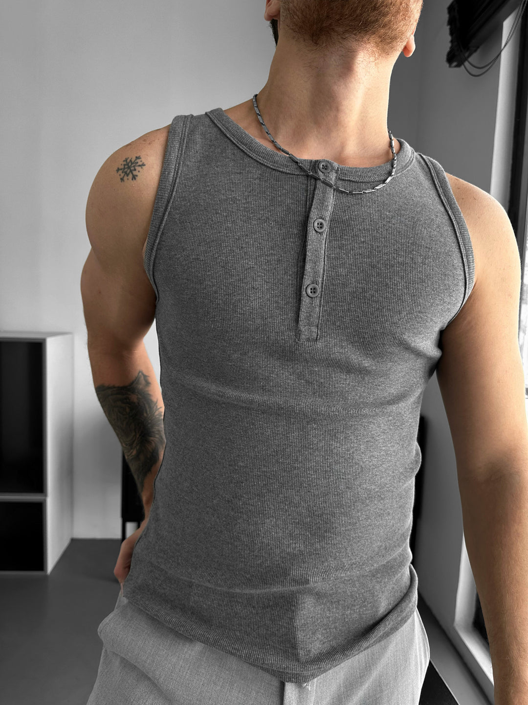 Slim Fit Button Tanktop - Anthracite Melange