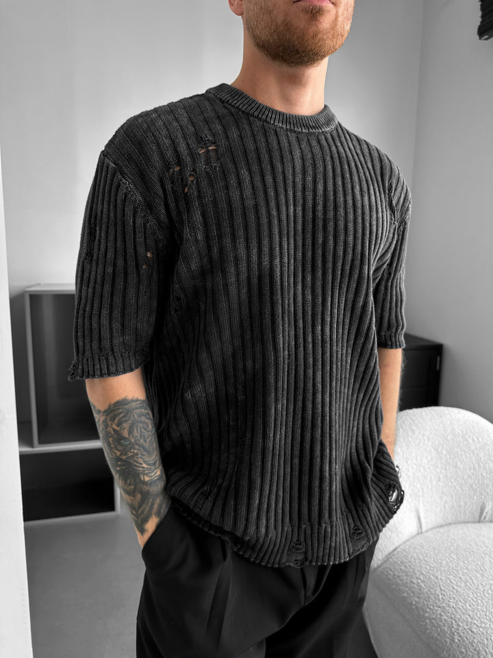 Oversize Torn Washed Knit T-shirt - Black