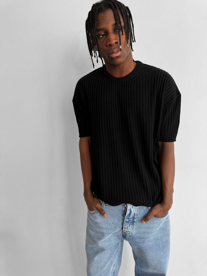 Loose Fit Ribbed Knit T-Shirt - Black