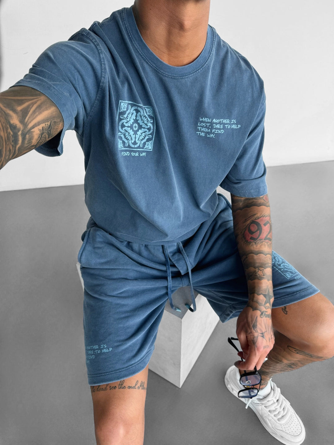 Oversize Printed Washed T-shirt - Blue