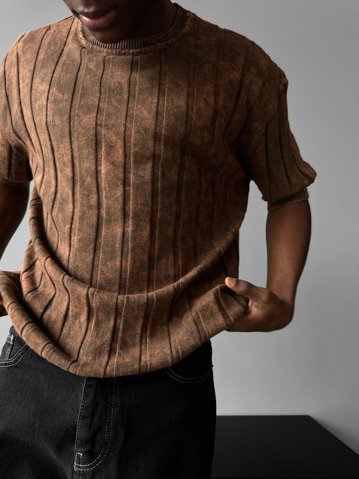 Slim Fit Washed Lines Knit T-Shirt - Brown