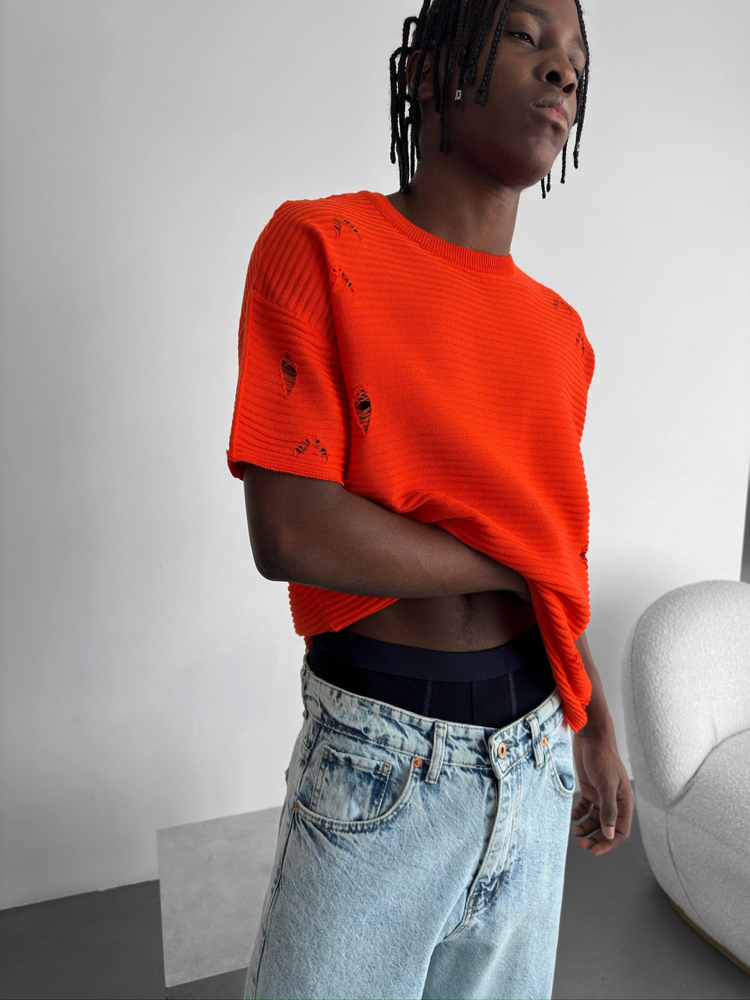 Loose Fit Torn Ribbed Knit T-Shirt -Orange