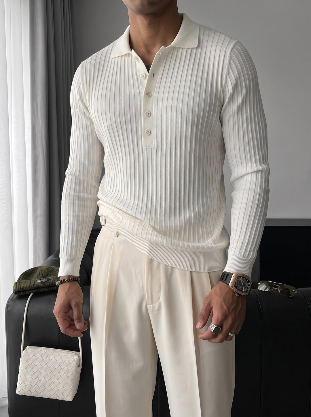 Slim Fit Polo Knit Sweater - Ecru