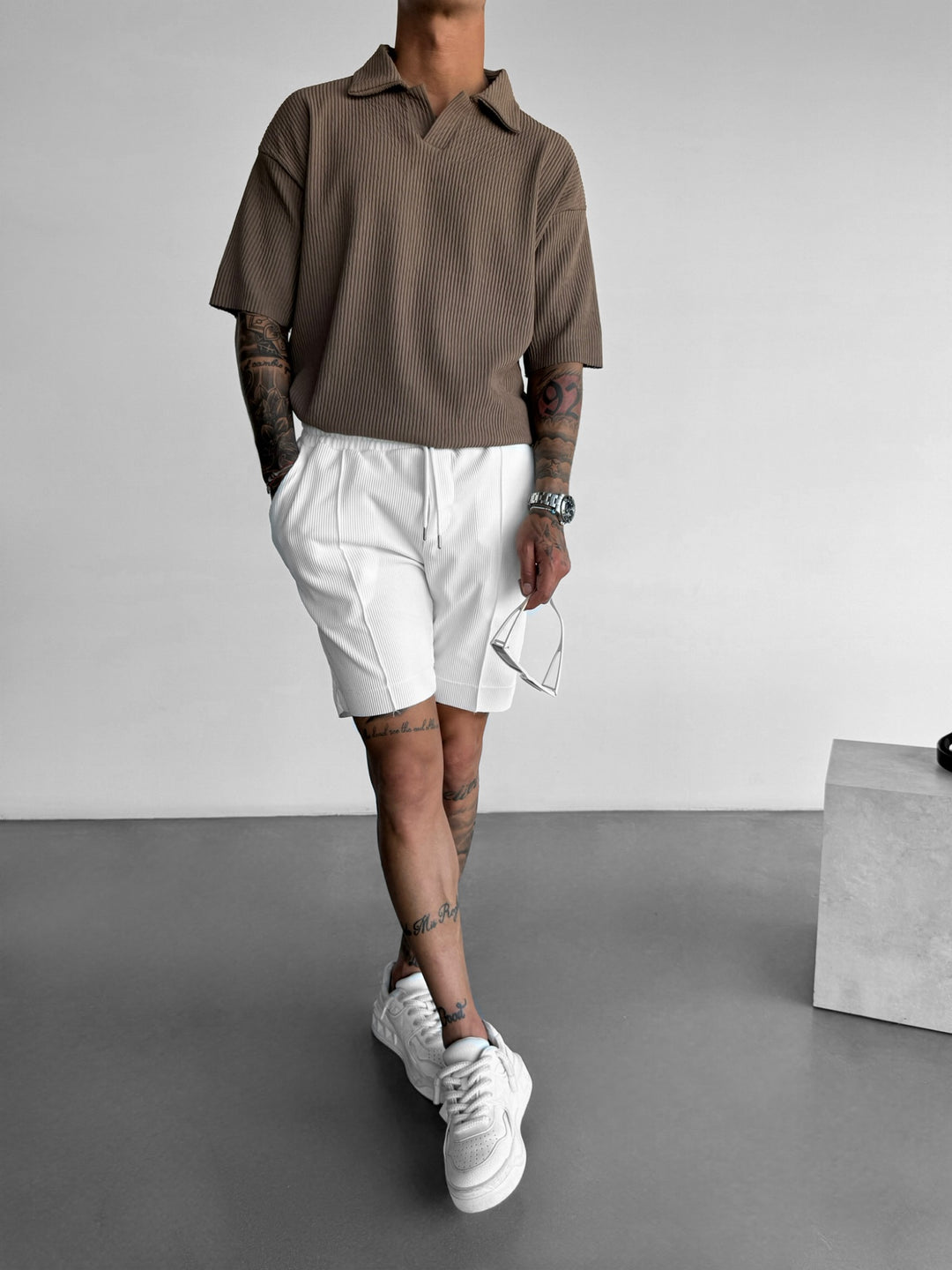 Oversize Ribbed Polo T-Shirt - Brown