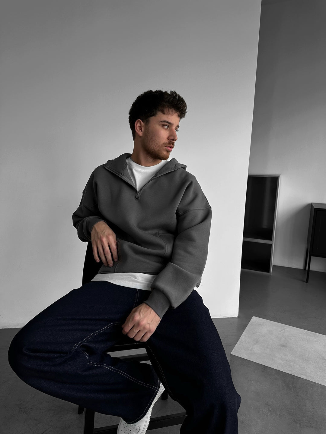 Loose Fit Half-Zip Basic Hoodie - Anthracite