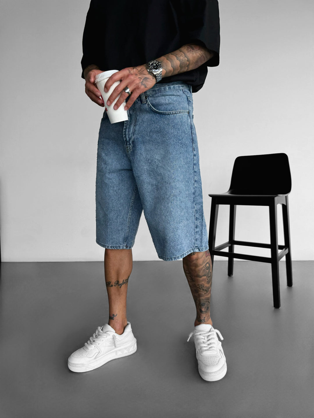 Loose Fit Scrubbed Out Jeans Shorts - Blue
