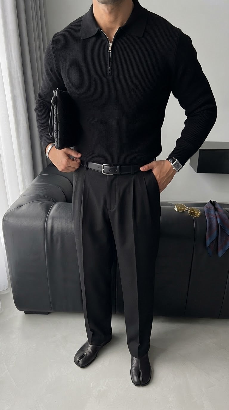 Loose Fit Polo Knit Sweater - Black