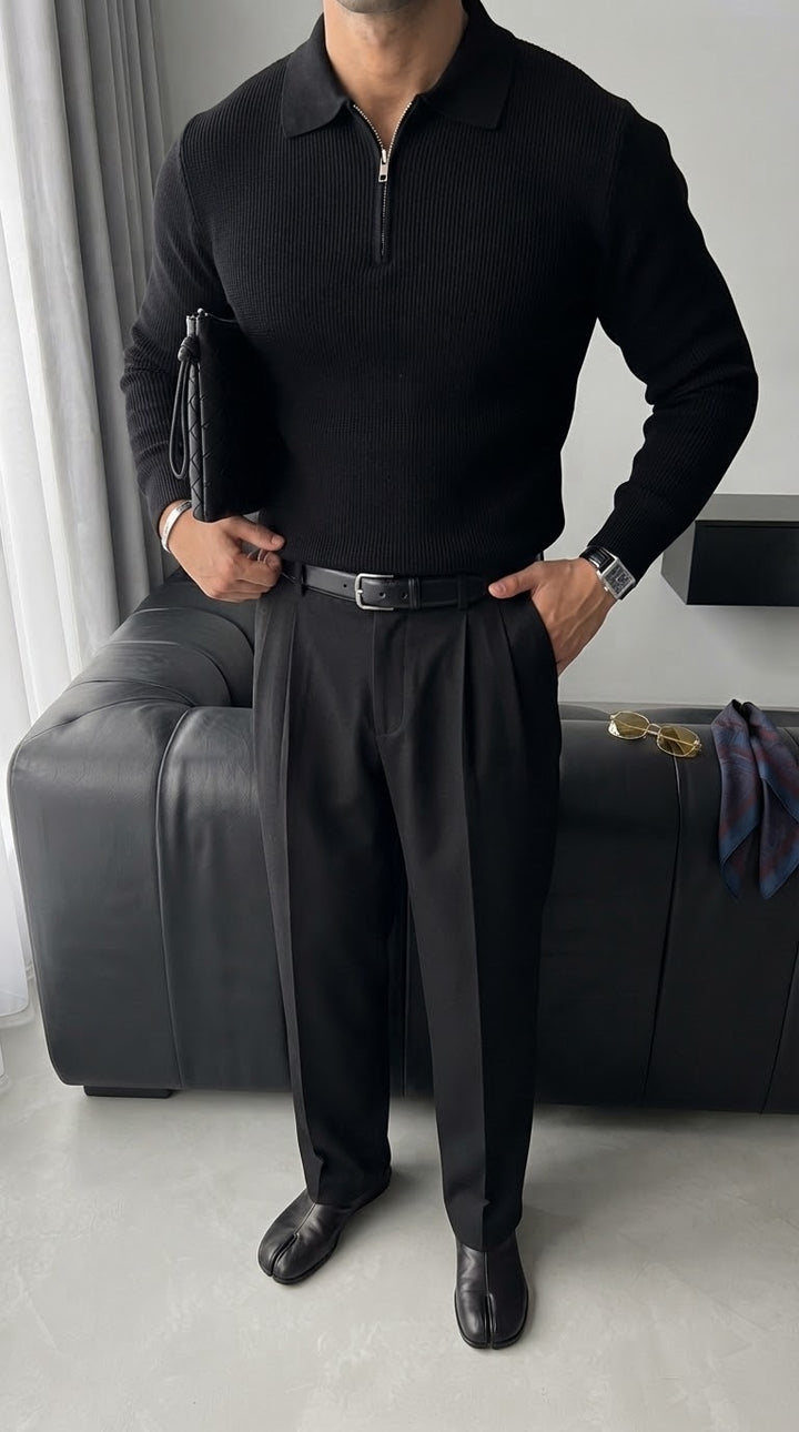 Loose Fit Polo Knit Sweater - Black