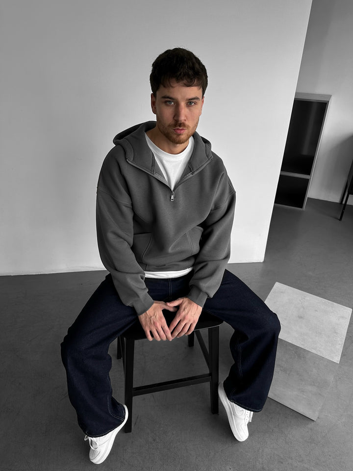Loose Fit Half-Zip Basic Hoodie - Anthracite
