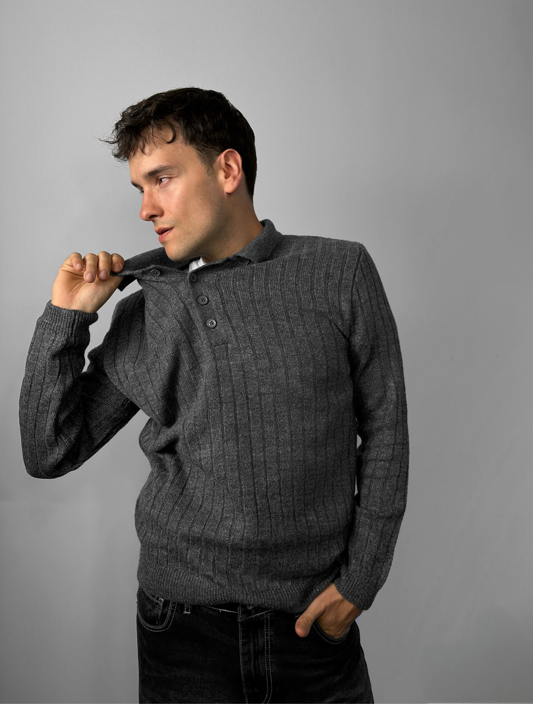 Loose Fit Polo Knit Pullover - Anthracite