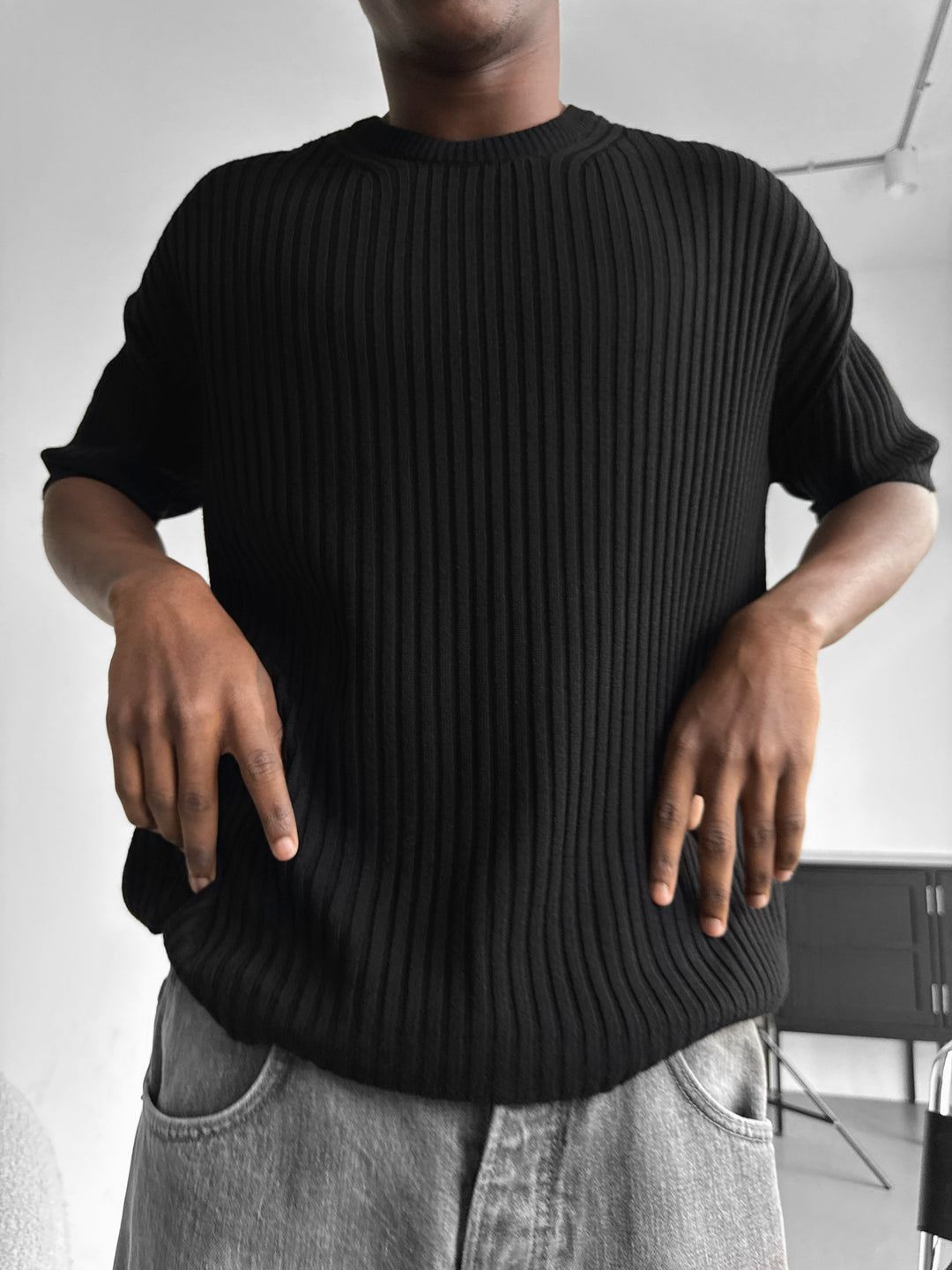 Loose Fit Ribbed Knit T-Shirt - Black