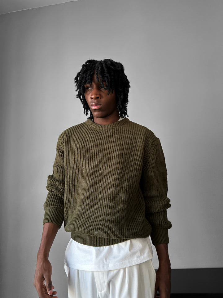 Oversize Structured Knit Sweater - Khaki