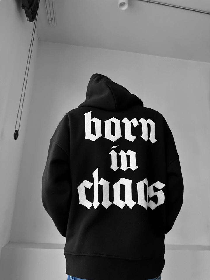 Oversize “Born in Chaos” Hoodie - Black