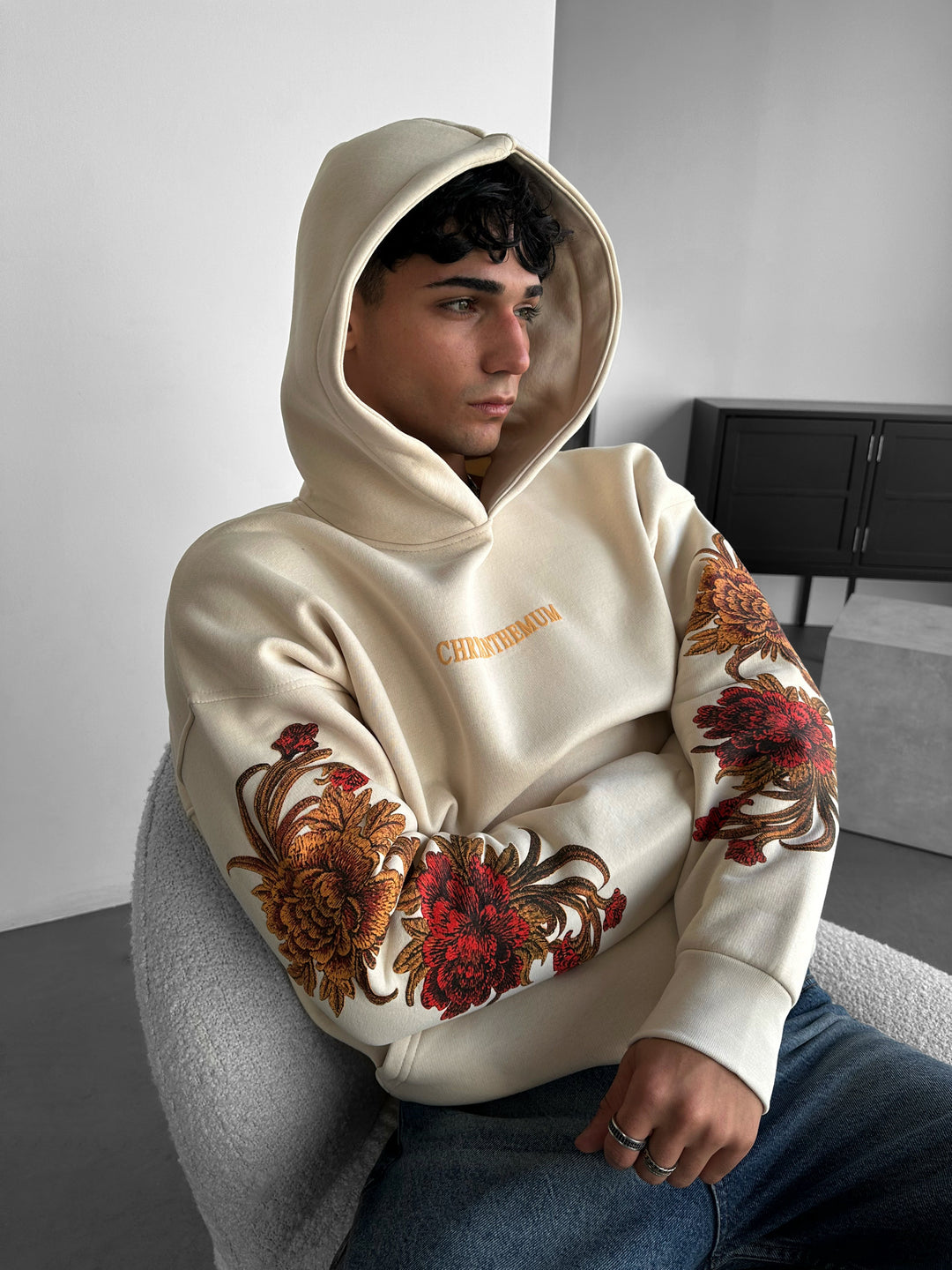 Oversize Chrysanthemum Hoodie - Beige