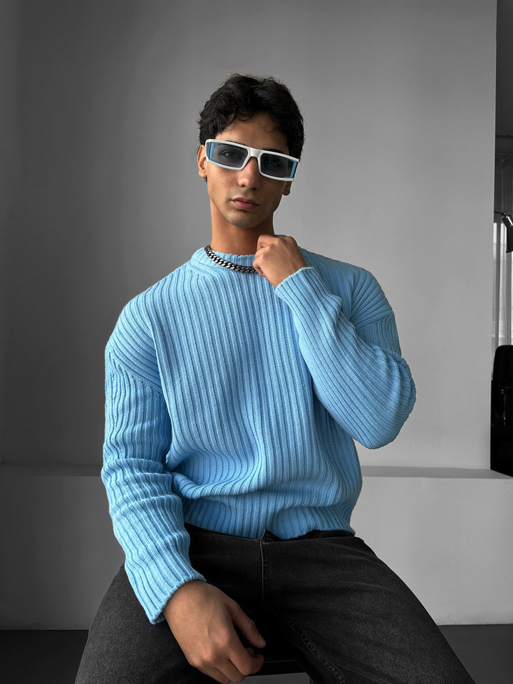 Loose Fit Striped Structure Pullover - Babyblue