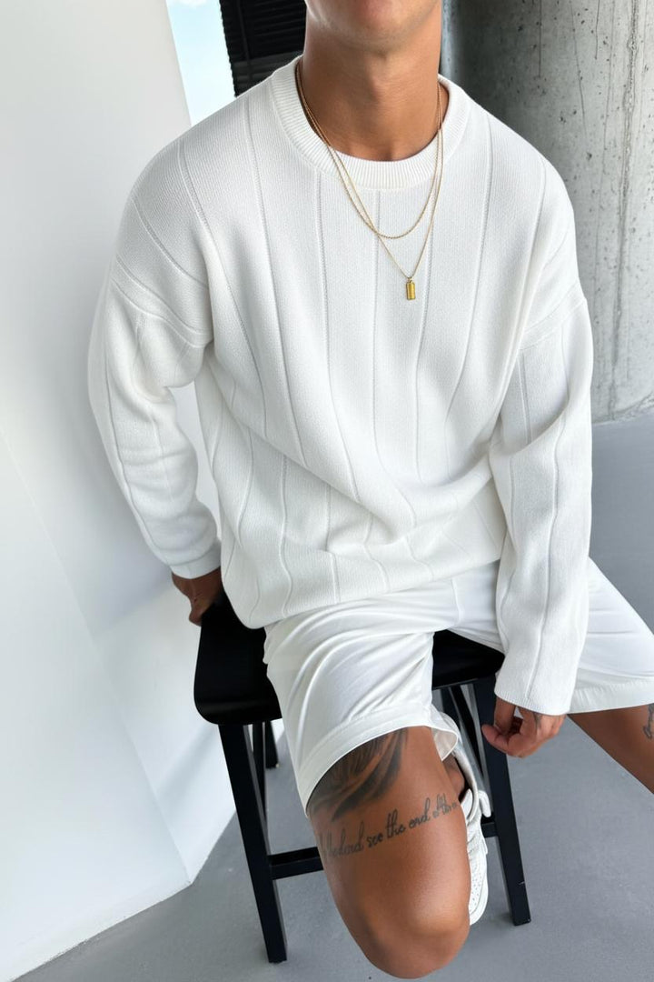 Oversize Lines Knit Sweatshirt - Ecru