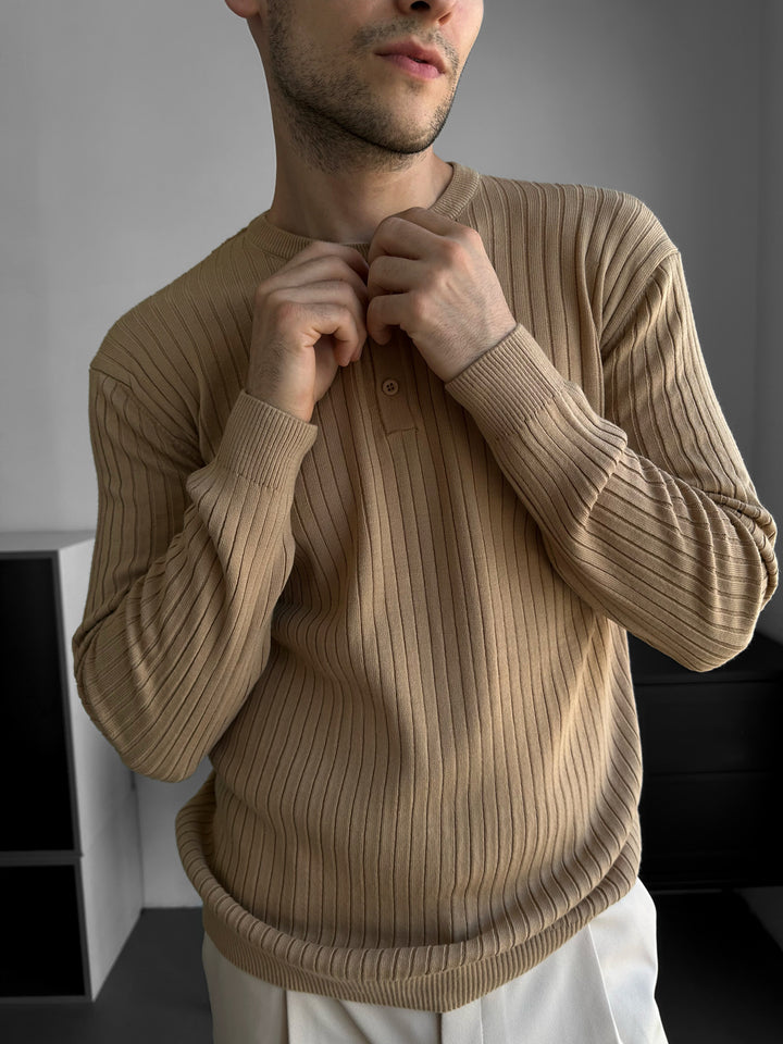 Slim Fit Button Knit Sweater - Beige