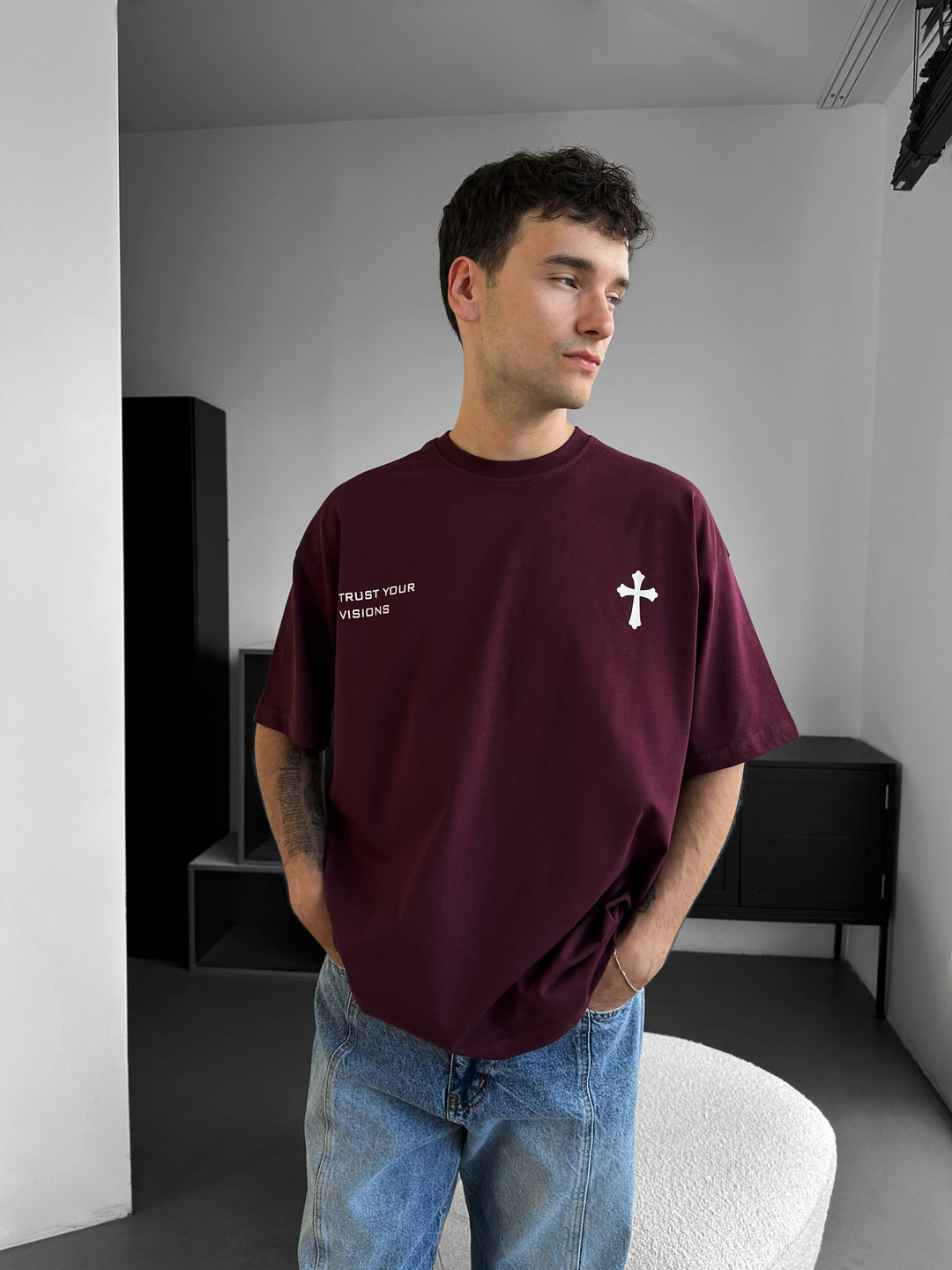 Oversize Cross T-shirt - Bordeaux