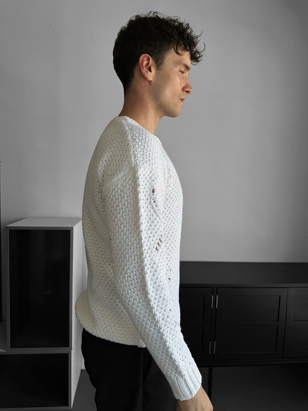 Regular Fit Textured Torn Sweater - White